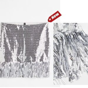 NWT H&M Divided Silver Sequin Mini Skirt with Fringe Size 8